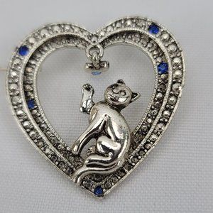Vtg 90s in Box Bobbie Brooks Cat Brooch Pin Heart w Rhinestones & Dangle Accent